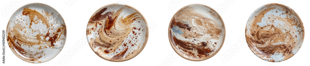Poster four marble spheres with swirling brown patterns against a transparent background create an abstract
