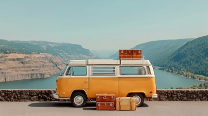 Retro camper van parked at a scenic mountain viewpoint with a stack of vintage suitcases, autumn tree in the foreground, and panoramic valley view, evoking nostalgic road trip vibes and freedom.
