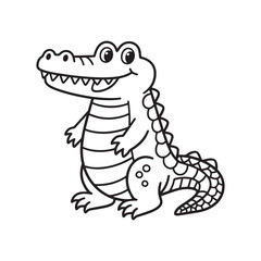 A black and white line art illustration of a cheerful crocodile with large, expressive eyes and a playful grin, positioned centrally against a plain white background. 