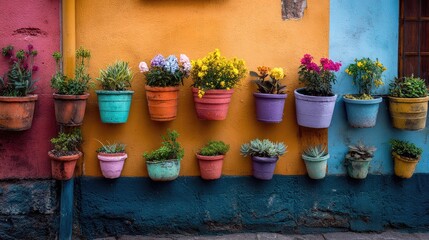 Colorful Hanging Flower Pots on Gray Wall ,  Vibrant Vertical Garden Decoration 

