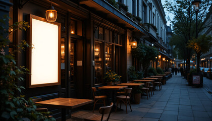 frame poster mockup promotion design. Blank empty frame advertising banner, frame template mock up displayed at the front of cafe bar restaurant or coffee shop