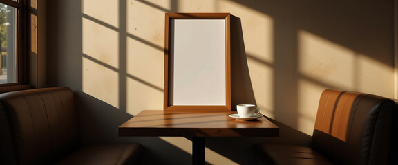 cozy café corner with blank frame mockup and cup of coffee, perfect for artwork display, branding, or interior design visuals