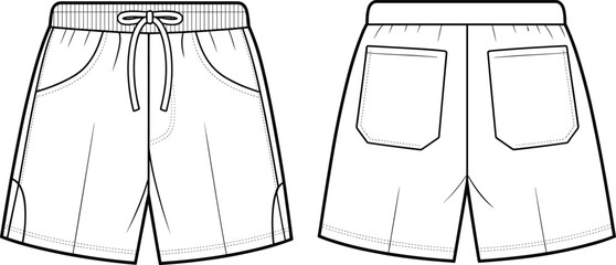 Comfortable Unisex Drawstring Shorts Flat Lay Mockup Front and Back View with Elastic Waistband and Pockets, Ideal for Sportswear, Loungewear, and Casual Apparel Design Templates.