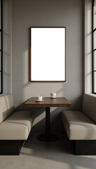 Mockup frames in Scandinavian cafe with wooden table and minimalist decor – modern sofa room interior, windows, coffee cup