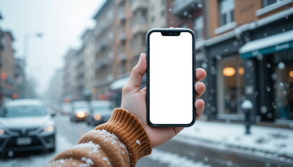 Hand holding smartphone with blank screen in snowy urban setting, perfect for winter app mockups & city tech displays.