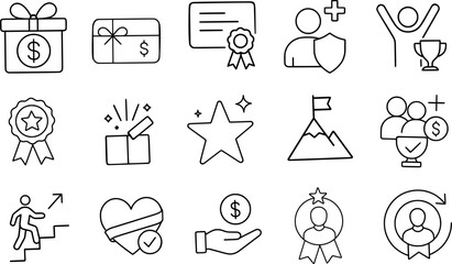 Achievement and Reward Stroke Icon Collection. Containing Trophy, Medal, Certificate, Gift, Star, and more icons.