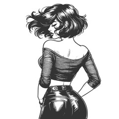 fashionable woman short wavy hair, off-shoulder top, and high-waisted jeans, posing confidently sketch engraving generative ai fictional character vector illustration. Scratch board. Black and white.