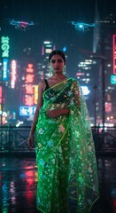 Obraz premium Woman in green saree against a futuristic cityscape at night