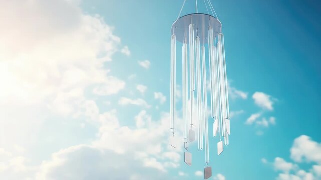 Metal and glass wind chimes hanging against bright blue sky with clouds
