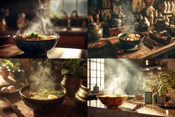 Four bowls of steaming ramen, eggs, greens, in warm kitchens, sunlight