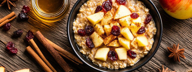 hearty oatmeal in bowl with apple, cinnamon, and  dried cranberries on  worn wooden surface. Healthy breakfast concert.  banner 
