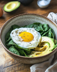 rustic ceramic bowl with avocado slices, poached egg and fresh spinach leaves on wooden background with  linen napkin. Healthy breakfast concert. 
