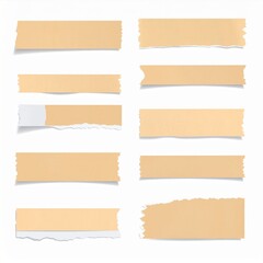 Collection of Torn Brown Paper Tape Strips on White Background with Clean Edges and Varied Textures
