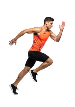 Young muscular man in vibrant orange tank top and black shorts, mid-stride with powerful leg drive, dynamic arms, against a pristine transparent studio background, concept of athletic achievement and