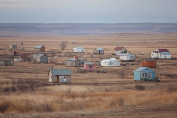 Cluster of small off-grid homes with rooftop solar panels and nearby wind turbines, set against a vast tundra landscape. energy independence, smart systems