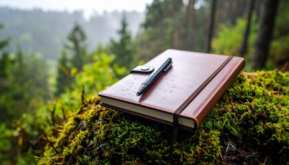 Notebook and Pen on Moss in Rainy Forest.