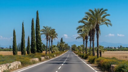 Fototapeta premium Sunny road lined with palm and cypress trees