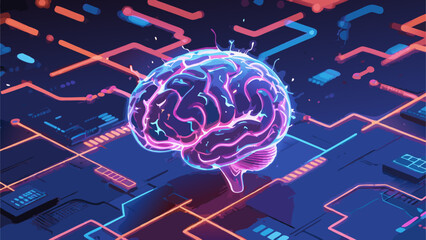 Glowing brain illustration against a backdrop of abstract digital circuits and connections