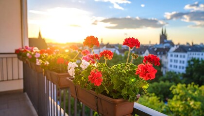 Fototapeta premium Balcony Geraniums Blooming with Cityscape Backdrop at Golden Hour Sunset