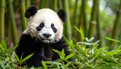 Fototapeta premium Adorable Panda Cub Amidst Lush Bamboo