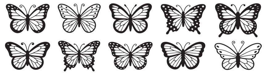 Obraz premium Ten butterfly illustrations in black and white with varying wing patterns and body shapes arranged neatly