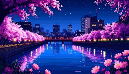pixel art illustration of bridge over river with pink cherry blossom trees at the night