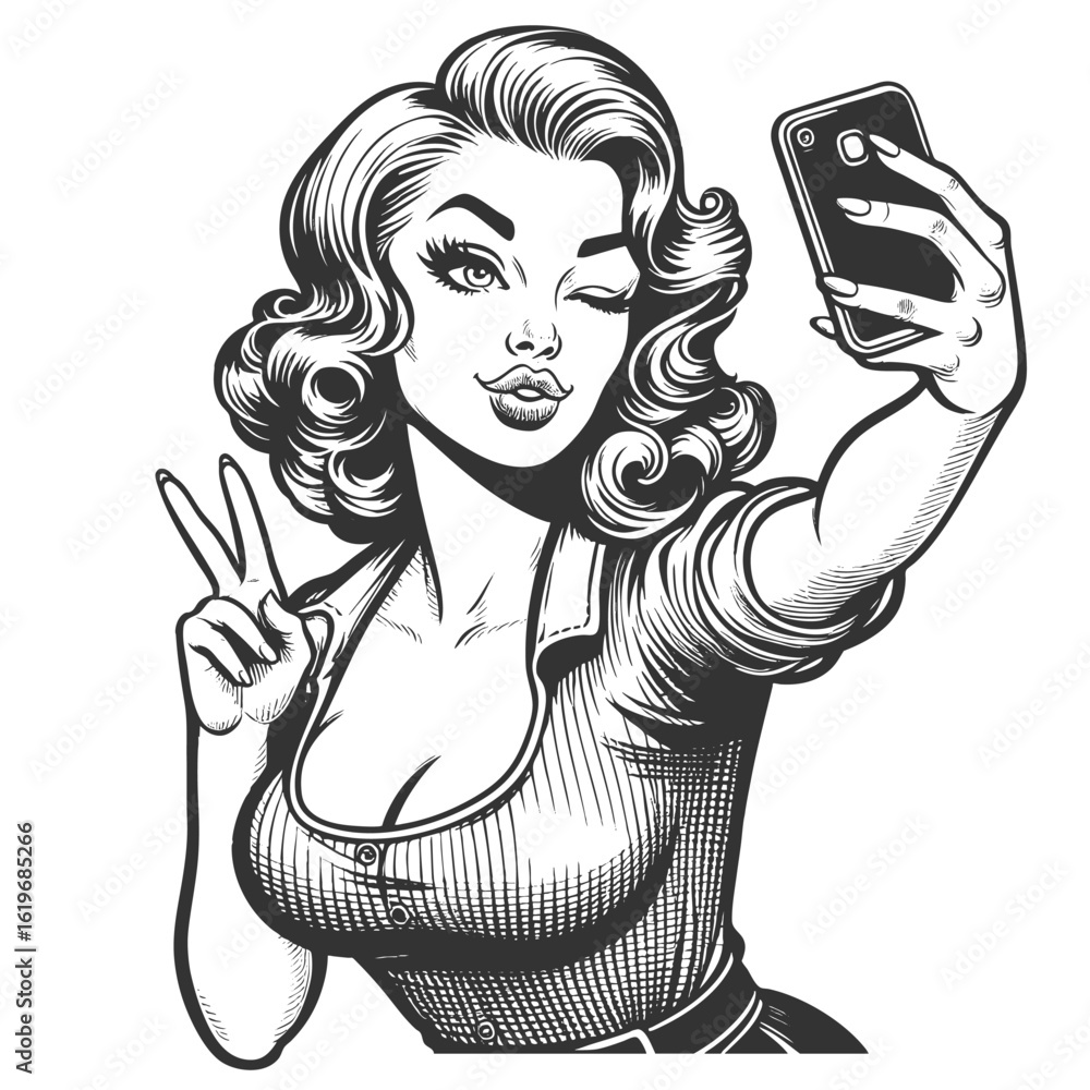 Poster playful woman taking a selfie with a smartphone, winking and smiling confidently sketch engraving ge