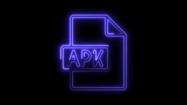 Glowing neon blue A P K file icon symbol with light effect on black background futuristic technology