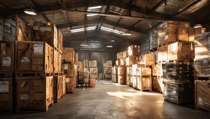Fototapeta premium Sunlit warehouse interior, filled with stacked cardboard boxes