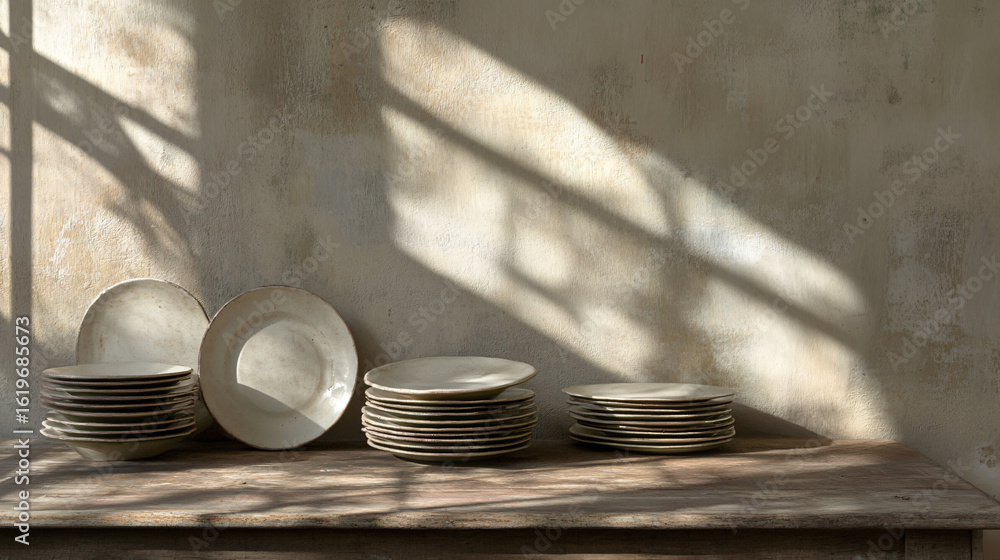 Poster A tasteful table setting with plates arranged neatly for a cozy and inviting dining experience