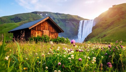Fototapeta premium Picturesque Icelandic landscape with a wooden cabin and Skogafoss waterfall at sunset.