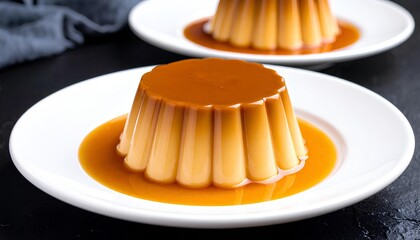 Malva pudding caramel dessert with custard on a plate.