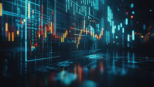 Abstract financial data visualization on a dark background. Colorful charts and graphs overlay a reflective surface, creating a complex digital display. - Powered by Adobe
