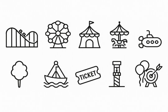 Minimalist Amusement Park Icon Set &ndash; Carnival and Theme Park Symbols
