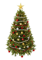 Fototapeta premium Majestic, lush green evergreen christmas tree adorned with red, gold, silver baubles, tinsel, warm glowing lights, golden star, on a transparent studio background, ultimate holiday spirit concept