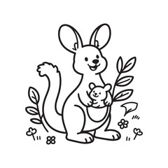  A black and white line art illustration of a cheerful kangaroo with a joey nestled safely in its pouch, both sporting playful smiles and endearing expressions. 
