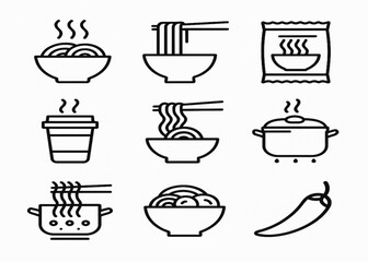 Modern Ramen and Instant Noodles Icon Set &ndash; Minimal Black Line Design