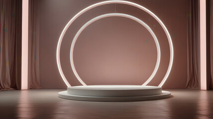Modern Circular Stage with Neon Light Arches and Soft Pink Curtains
