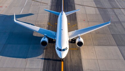 Overhead view of a large passenger plane on a runway, wings extended