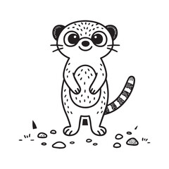 A black and white line art illustration of a cheerful meerkat standing on its hind legs with large, expressive eyes and a slightly tilted head, conveying a sense of curiosity. 