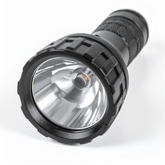 Close Up of a Black Metal Flashlight with Textured Grip on White Background
