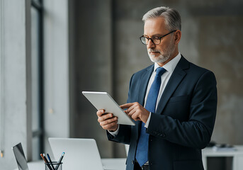 mature older business man executive standing in office using digital tablet. Middle aged professional businessman corporate manager wearing suit and glasses holding tab working on finance project