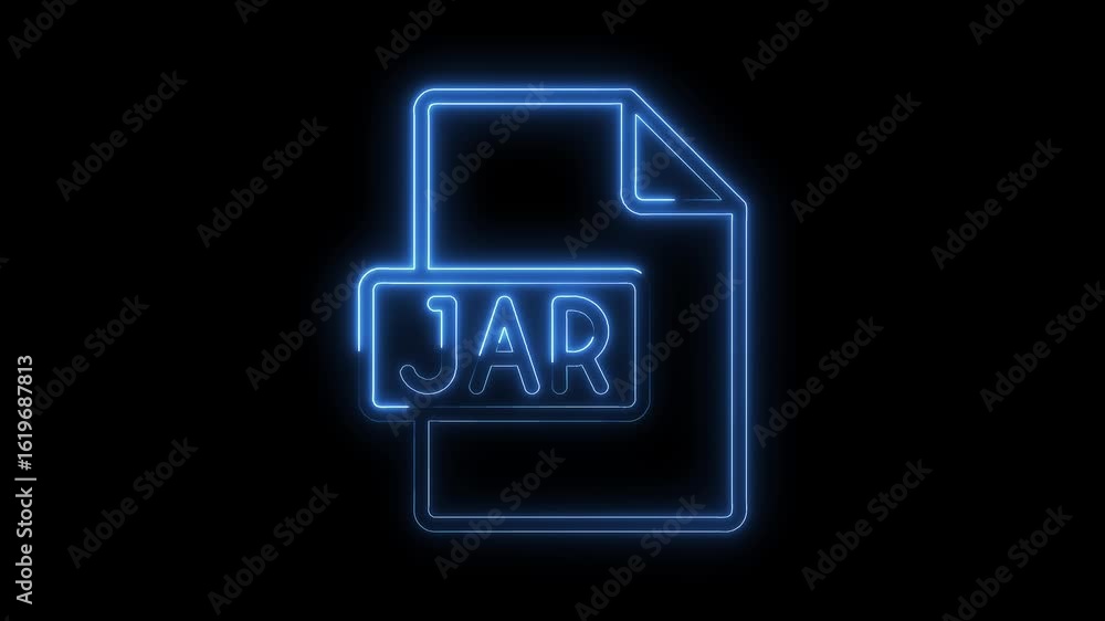 Poster glowing blue neon j a r file icon animation on black background futuristic digital data symbol techn