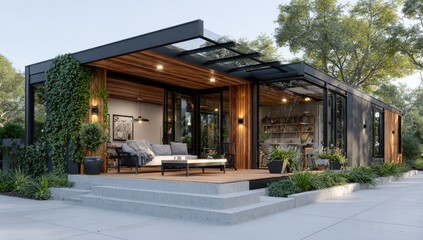 Obraz premium Modern, single-story home with large patio and glass roof