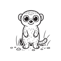  A black and white line art illustration of a cheerful meerkat standing on its hind legs with large, expressive eyes and a slightly tilted head, conveying a sense of curiosity. 