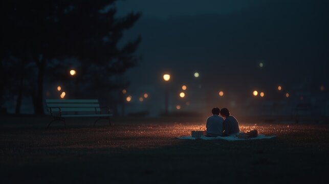 Couple sitting on blanket under night sky, surrounded by glowing park lights, sharing an intimate and peaceful moment.