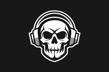 Fototapeta premium Stylized skull wearing headphones with a fierce expression on black background