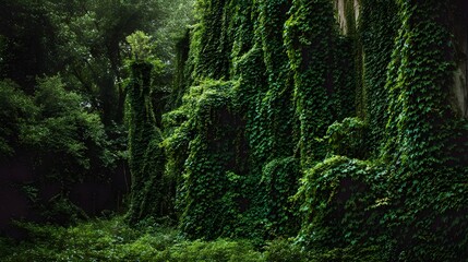 Fototapeta premium Vine-Covered Ivy Wall with Mossy Green Tangles: Organic Nature Photography for Garden and Green Wall Design Ideas