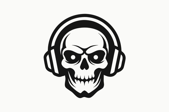 Stylized skull wearing headphones with a menacing expression in black and white