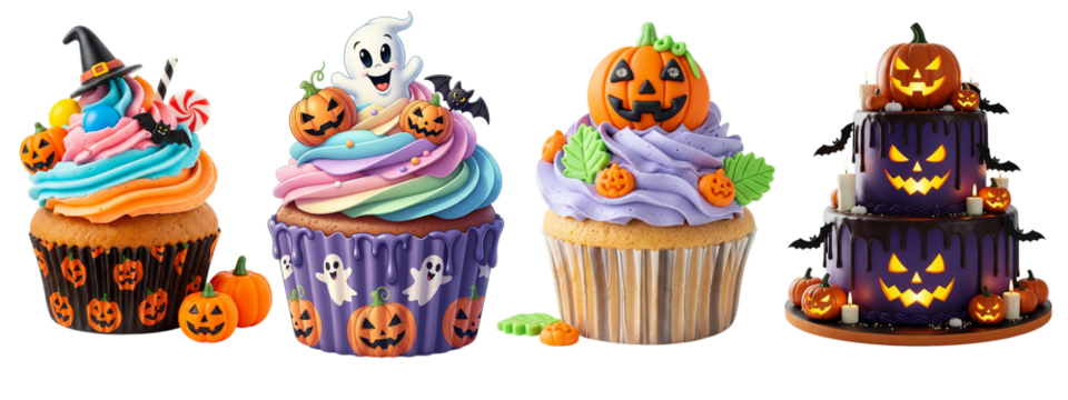 Assortment of Halloween Cupcakes and Two-Tiered Cake – Spooky Dessert Collection with Witch, Ghost, Pumpkin Decorations - Powered by Adobe
